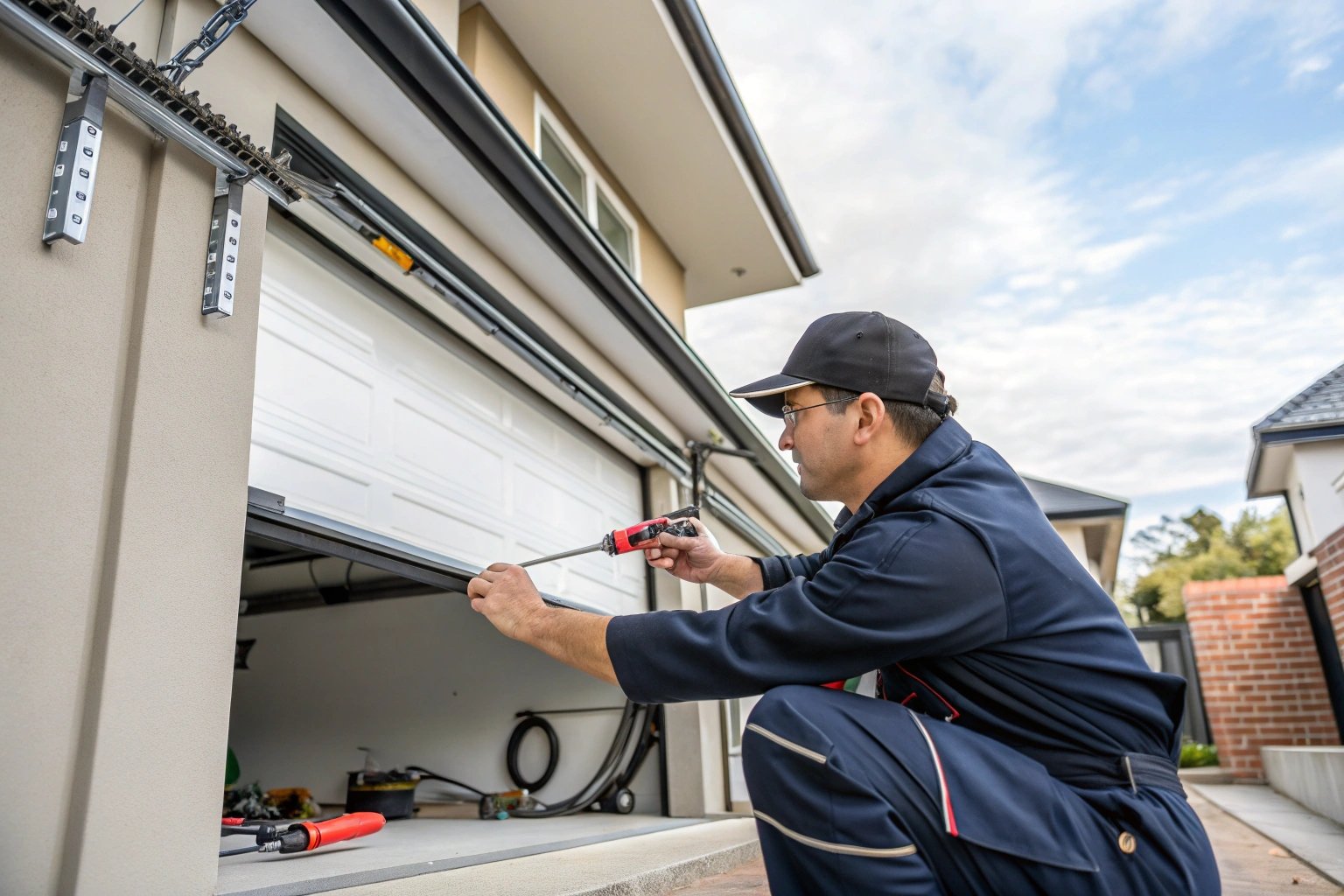 echnician realigning an off-track garage door during an emergency call.